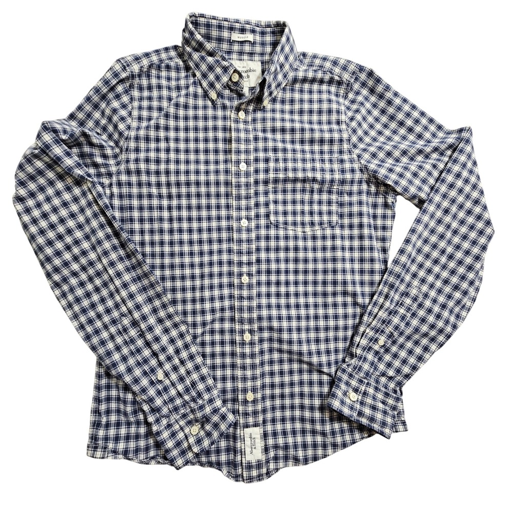 Abercrombie & Fitch Mens XL Muscle Fit Plaid Button Down Shirt Navy Blue White